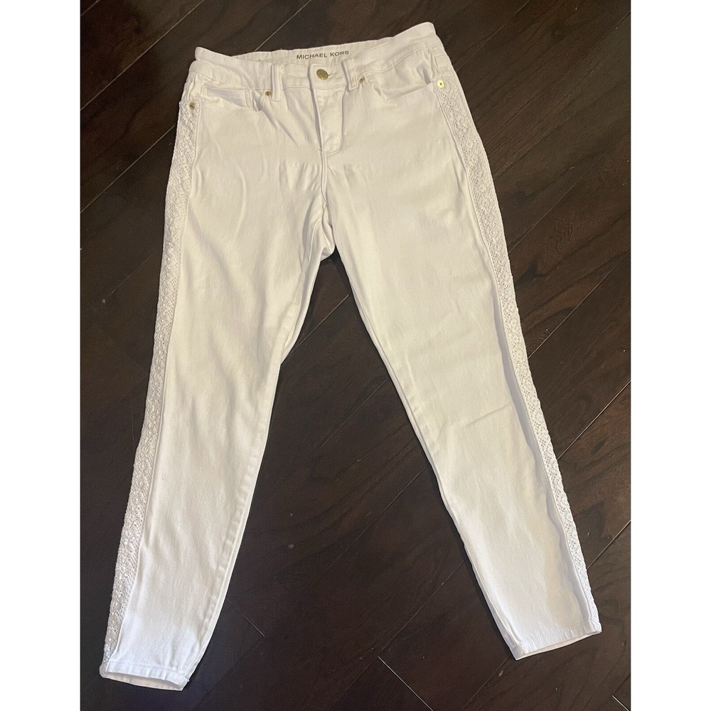Michael Kors Izzy Skinny Jeans Women 6 White Crochet Lace Side Trim Mid Boho